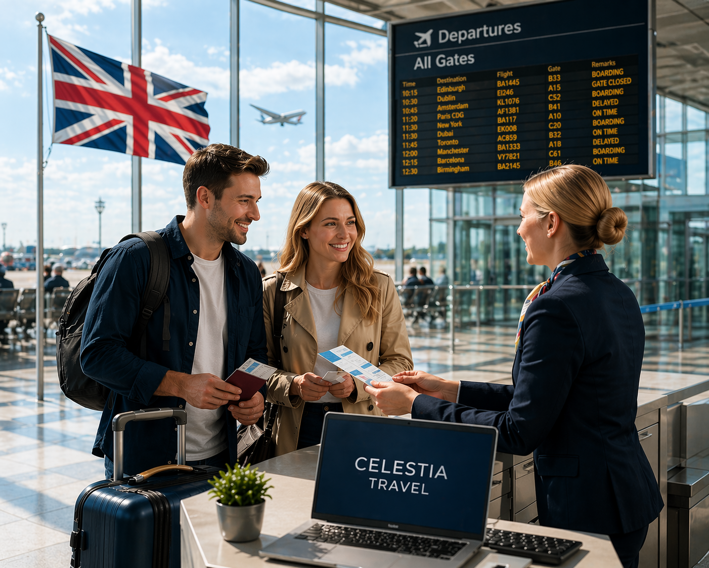 UK based travel agency assisting travellers at airport with personalised travel planning and Schengen visa from UK support